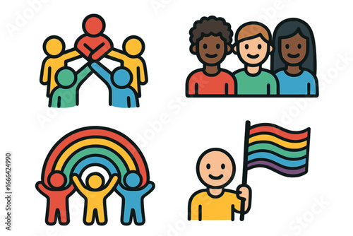 Icon set for pride month celebration and community engagement. Vector symbols of diversity, inclusion, equality, and teamwork. Multicultural people, rainbow flag, LGBTQ support.