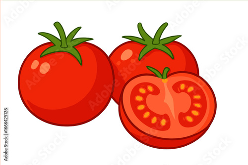 Fresh red tomatoes vector illustration, whole and sliced. Healthy ripe vegetable food ingredient. Simple cartoon design element for cooking, salad, or organic farm concepts.