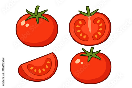 Fresh red tomato vector set with whole, half, and sliced views. Cartoon food illustration for healthy organic eating, cooking ingredients, salad, or vegetable concepts.
