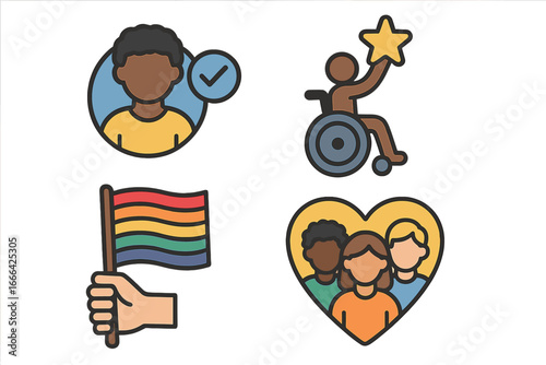 Vector icon set for diversity, equity, and inclusion. Symbols of accessibility with wheelchair user, LGBTQ+ pride rainbow flag, multicultural community, and ethnic identity.