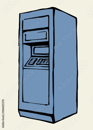 Web line store loan display bancomat kiosk pin code keypad teller device on white paper. Outline black hand drawn earn dollar bill salary monitor logo sign icon concept sketch in graphic cartoon style