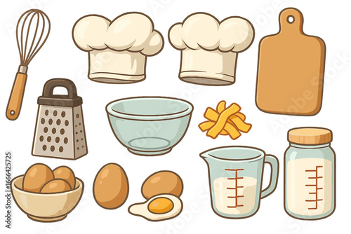 Vector collection of cartoon kitchen tools and cooking ingredients. Food preparation set with chef hat, whisk, grater, eggs, milk, and bowl for recipe or gastronomy design.