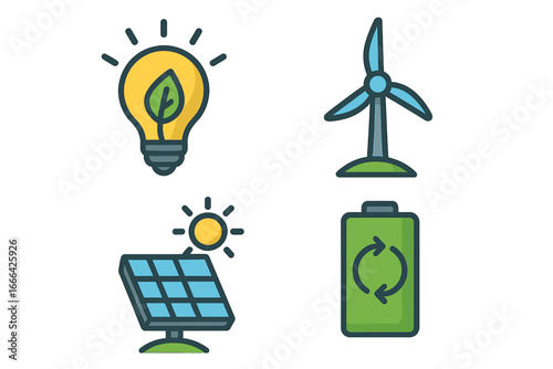 Set of renewable energy icons. Green technology symbols. Solar panel, wind turbine, eco lightbulb and rechargeable battery. Sustainable resources vector cartoon illustration.