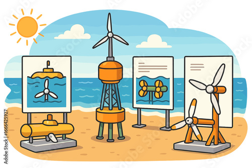Marine energy exhibition with wave, tidal and offshore wind power turbines. Renewable green technology innovation showcase. Vector illustration for a sustainable future concept.