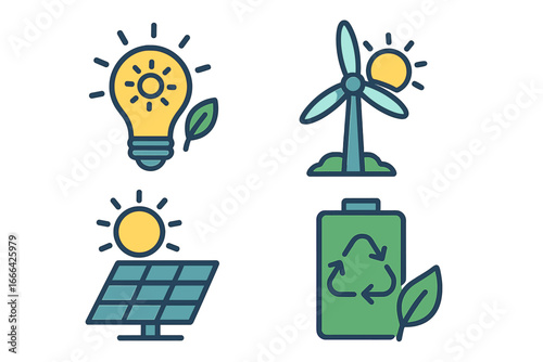 Renewable energy icon set. Green power concept. Solar panel and wind turbine symbols. Sustainable electricity generation. Eco friendly technology. Vector illustration isolated.