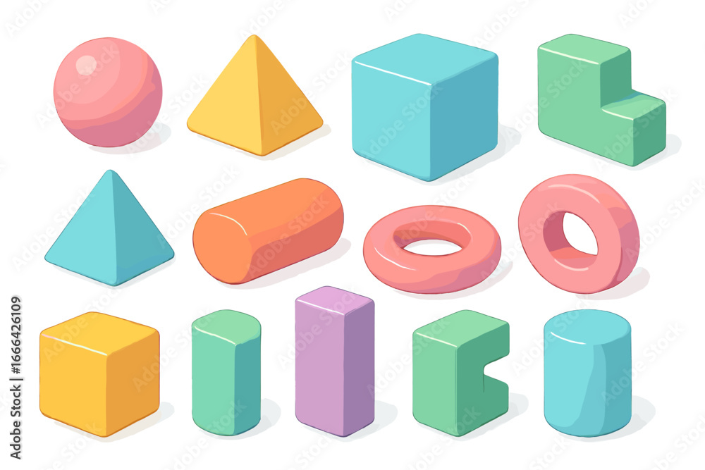 Isometric 3d geometric shapes set. Collection of colorful basic figures. Abstract minimal objects for graphic design. Cube, sphere, pyramid, cylinder, torus vector pack.