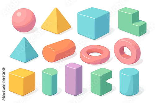 Isometric 3d geometric shapes set. Collection of colorful basic figures. Abstract minimal objects for graphic design. Cube, sphere, pyramid, cylinder, torus vector pack.