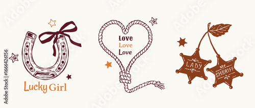 Hand drawn vector wild west prints featuring a horseshoe with a bow and the phrase “Lucky Girl”, a heart-shaped lasso with “Love”, and sheriff stars with “Lady Sheriff”. Fun modern designs for t-shirt