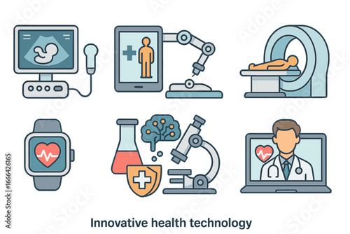 Health tech icons set. Medical innovation, diagnostics, treatment, telemedicine, MRI, ultrasound, AI in medicine, research, robotic surgery, smartwatch, health monitoring vector.