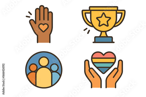 Vector icon set for inclusion, diversity, and community. Icons for teamwork, support, pride, LGBTQ, love, charity, success, and achievement. Flat cartoon illustration.