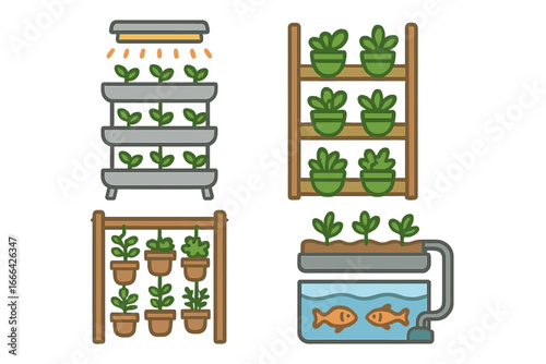 Indoor gardening and urban farming icons. Aquaponics system with fish, hydroponics with grow lights, vertical garden, potted plants. Sustainable agriculture technology vector set.