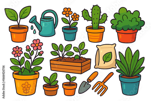 Gardening elements icon set. Cartoon vector illustration. Houseplants in pots, flowers, cactus, and seedlings. Watering can, trowel, soil bag. Hobby and growth concept.