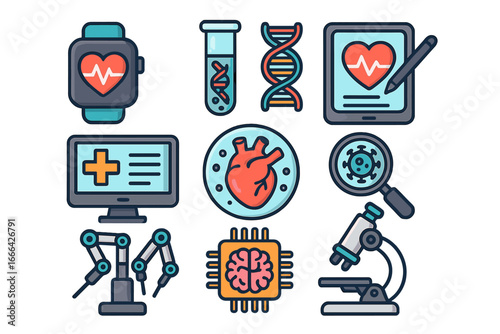 Medical technology icon set. Health care innovation, research advancement. Digital health, AI brain, robotic surgery, DNA, cardiology heart, virus research, microscope vector.