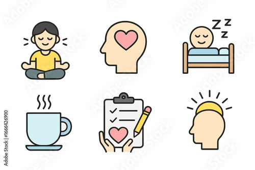 Mindfulness and self-care activities icon set. Concept of mental health and wellness. Vector illustration of meditation, good sleep, self love, positive thinking and journaling.