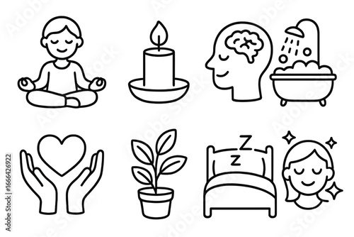 Mindfulness and self-care activities icon set. Mental health and wellness concept. Vector line art symbols for relaxation, meditation, sleep, bath and healthy lifestyle.
