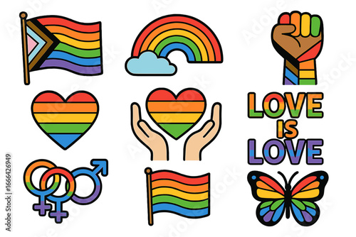 LGBTQ pride icon set. Collection of vibrant rainbow symbols for gay pride month. Includes progress flag, heart, love is love sign, butterfly. Vector illustration for equality.