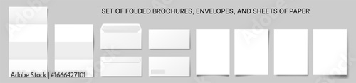 Large set of white folded brochures, envelopes and sheets of paper. Open and closed envelopes. Business correspondence. Address window. Folded letter. Vector mockup