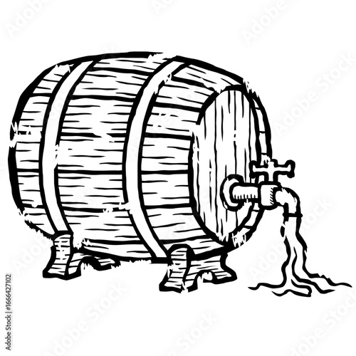 Hand drawn engraving style wooden beer barrel with tap and flowing liquid. Vintage medieval keg illustration in gothic style