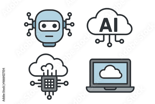 Technology icon set. Artificial intelligence, cloud computing, machine learning concepts. Vector icons of robot head, AI cloud, processor, laptop. Digital transformation business.