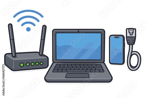 Wireless internet connection setup with wifi router, laptop computer, smartphone, and ethernet cable. Modern technology concept for network access and data communication. Vector.