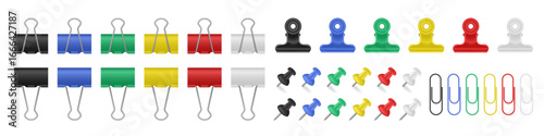 Set of multicolored binder clips, bulldog clips and paper clips. White, red, yellow, blue, green and white colors	