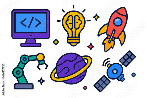 Vector icon set for technology, innovation, and science. Colorful symbols for space exploration, startup, coding, and robotics. Includes rocket, satellite, brain idea, planet.