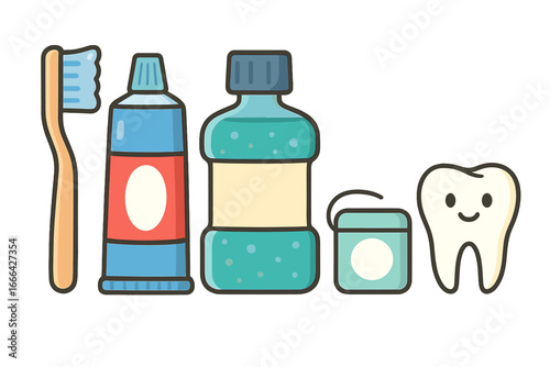 Oral hygiene essentials for dental care. Vector icon set with toothbrush, toothpaste, mouthwash, and dental floss. Healthy happy tooth character. Stomatology concept.