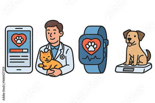 Pet care technology vector set. Veterinary services and health monitoring concept. Vet with cat, dog on scale, smartphone app and smartwatch tracker for animal health. Cartoon.