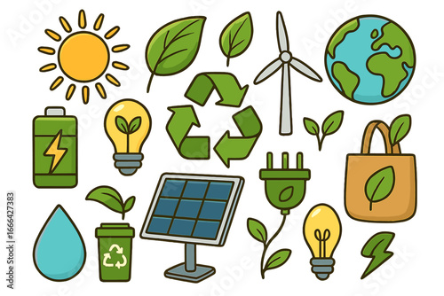 Eco-friendly icon collection. Sustainable green energy and recycling symbols. Cartoon vector set for environment and conservation concepts. Includes solar panel, wind turbine, and leaf.