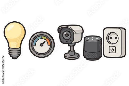 Smart home technology icons set. Internet of things concept. Home automation system with smart plug, security camera, light bulb, thermostat and voice assistant speaker.