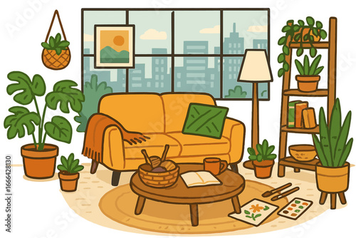 Cozy living room interior with sofa, plants, and city view from window. Modern hygge apartment for relaxation, hobbies like knitting and painting. Vector cartoon illustration.