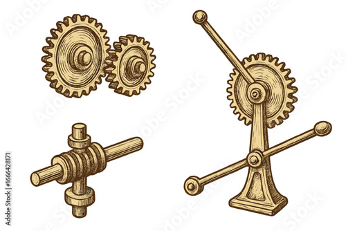 Set of vintage mechanical parts. Hand-drawn vector illustration of gears, cogs, lever, and worm drive. Retro steampunk machine elements. Industrial engineering concept.