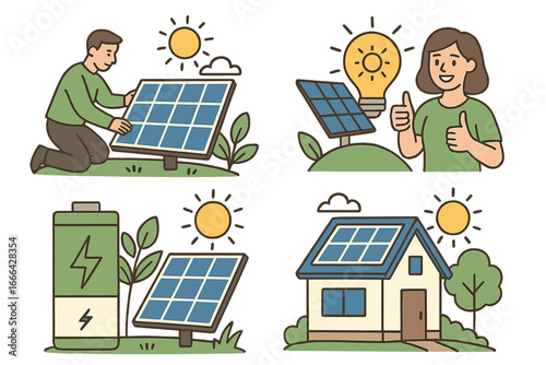 Solar energy concept set. Green technology and sustainable power. Renewable electricity from the sun. Man installing panel. House with solar panels. Battery charge. Vector cartoon.