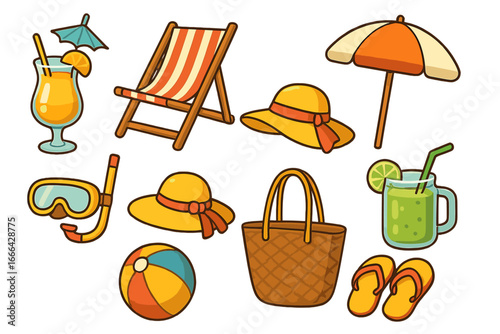 Summer beach vacation icon set. Vector cartoon collection of travel accessories for relaxation, including cocktail, deckchair, sun hat, umbrella, snorkel, and flip flops.