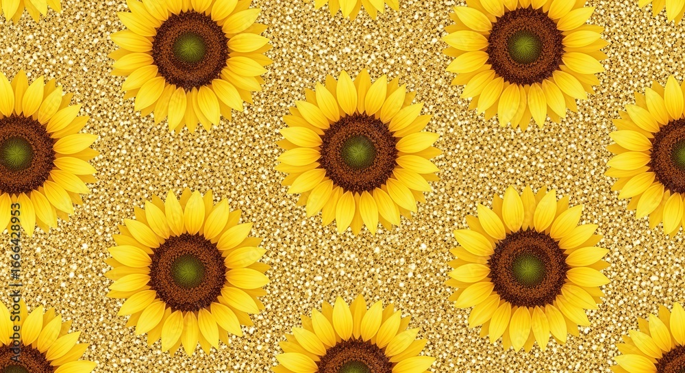Obraz premium A repeating pattern of sunflowers with yellow petals and brown centers on a gold glitter background