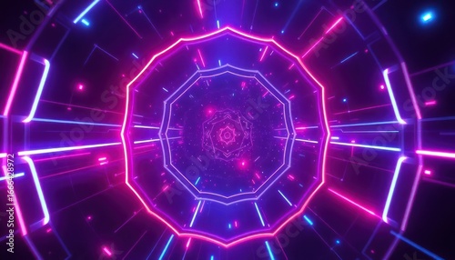 Vibrant neon light tunnel, creating a futuristic and energetic abstract background. Ideal for technology, gaming, or modern event promotions.
