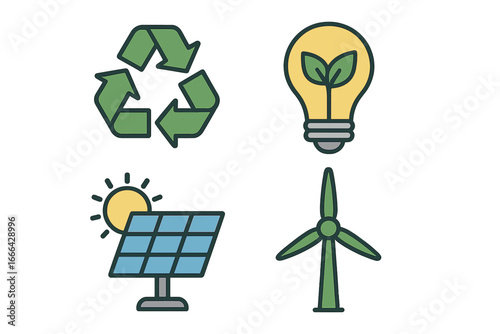Eco-friendly symbols set. Sustainable energy and recycling icons. Renewable power concept with solar panel, wind turbine, green lightbulb and recycle sign. Vector illustration.