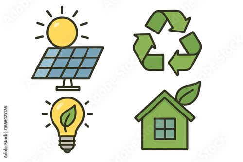 Sustainable energy icon set. Solar power panel, recycling symbol, green light bulb, and eco house. Vector illustration for ecology, renewable resources, and sustainability.