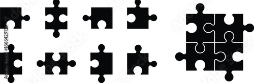 Puzzle pieces icon set, black silhouette, interlocking shapes, problem solving concept, completed puzzle grid, vector design, teamwork symbol, strategy