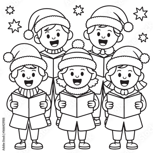 Cute group of children singing Christmas carols coloring page with festive outfits, hats, and holiday cheer in line art style