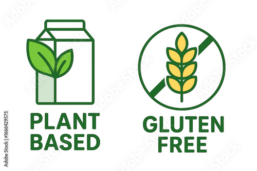 Plant based and gluten free icon set. Vegan, dairy free, healthy food symbols. Vector illustration for food packaging labels, stickers and emblems. No gluten, no lactose.