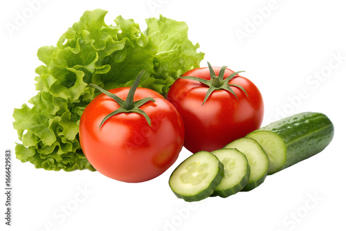 A healthy arrangement of fresh salad vegetables including ripe red tomatoes, crisp green lettuce, and sliced cucumber, isolated against a clean white background