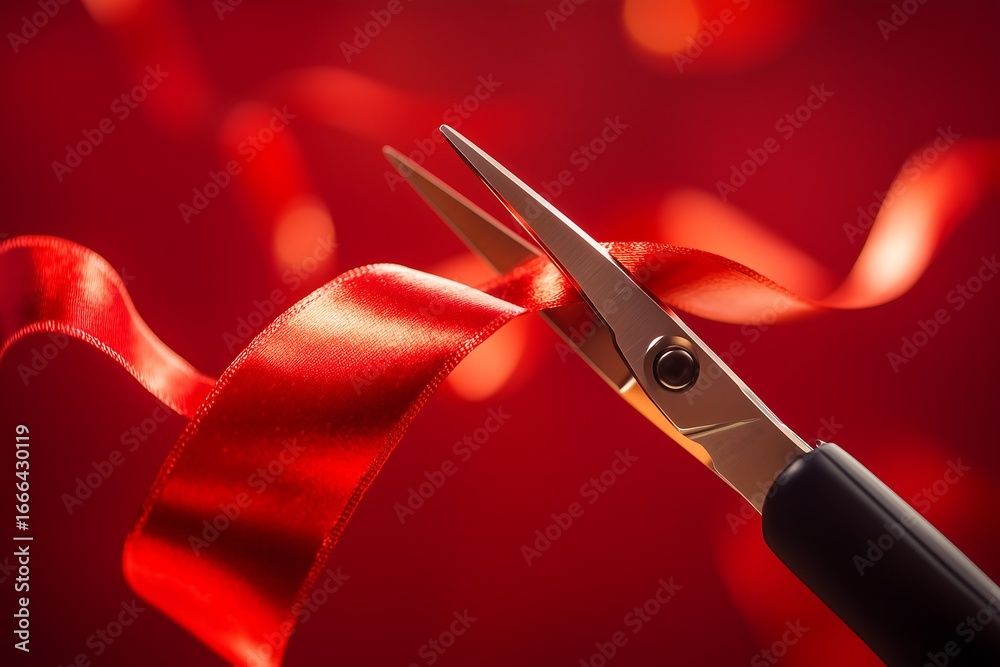 Naklejka premium A pair of scissors cutting through a shiny red ribbon against a warm, softly blurred background.