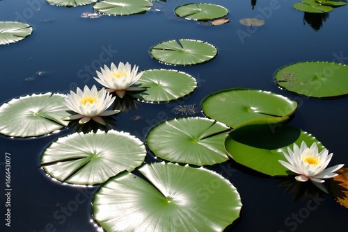 Water Lilies and Lily Pads on a Teal Pond 