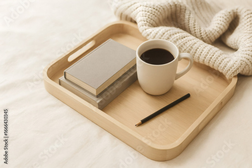 A wooden tray holds a cup of coffee, stacked books, and a pencil, with a knitted blanket nearby.