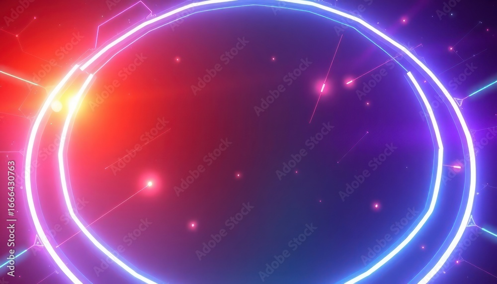 Fototapeta premium Futuristic neon light circles and glowing particles against a vibrant gradient. Ideal background for technology, gaming, and digital concepts.