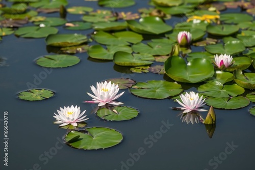 Water Lilies and Lily Pads on a Teal Pond 
