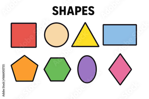 Colorful basic geometric shapes set for kids. Educational learning poster for preschool. Math geometry figures collection. Square, circle, triangle, rectangle, hexagon vector.