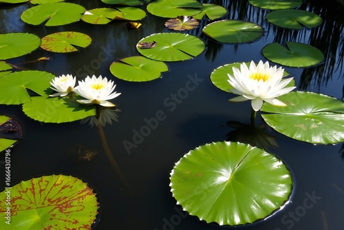 Water Lilies and Lily Pads on a Teal Pond 