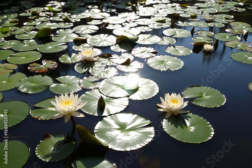 Water Lilies and Lily Pads on a Teal Pond 